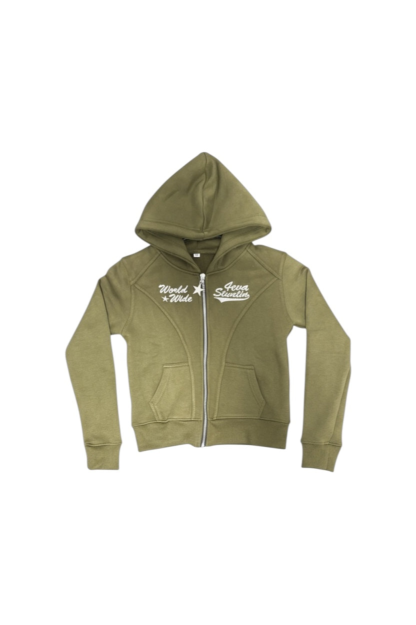 Girls Cropped Olive Green Global Stunt Hoodies